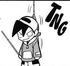 A manga screenshot of Pokemon Special. It shows Gold getting yanked by a fishing rod by his hoodie. It says "TNG" next to it, like the sound a fishing pole makes.